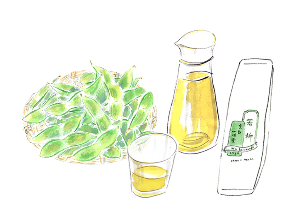 <em>Edamame</em> and cold-brewed Wakayanagi